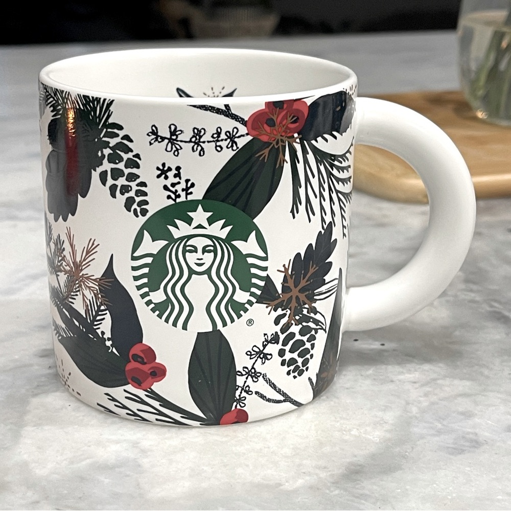 Starbucks holiday Botanical White Mug with Red and Green Accents 12 oz